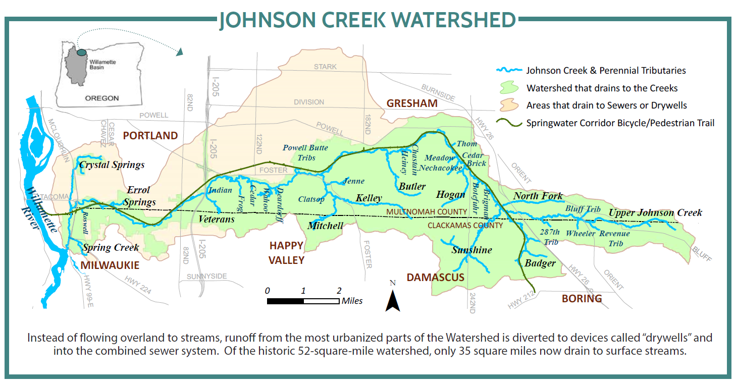 map of Johnson Creek and its tributaries